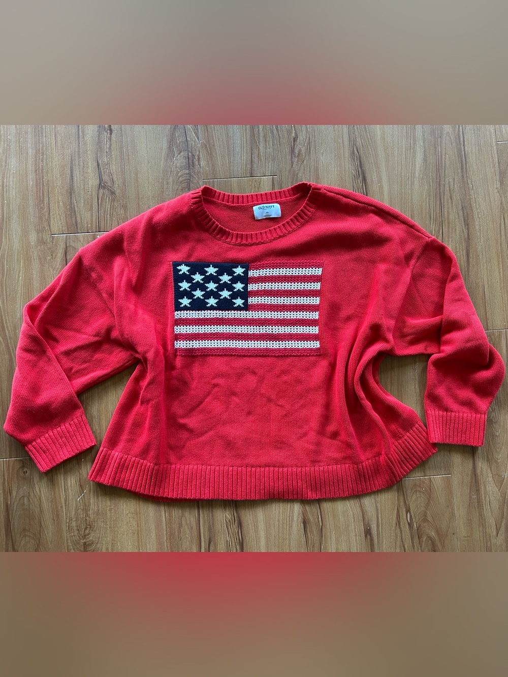 Old Navy Red Crewneck Sweater with American Flag Knit XXL